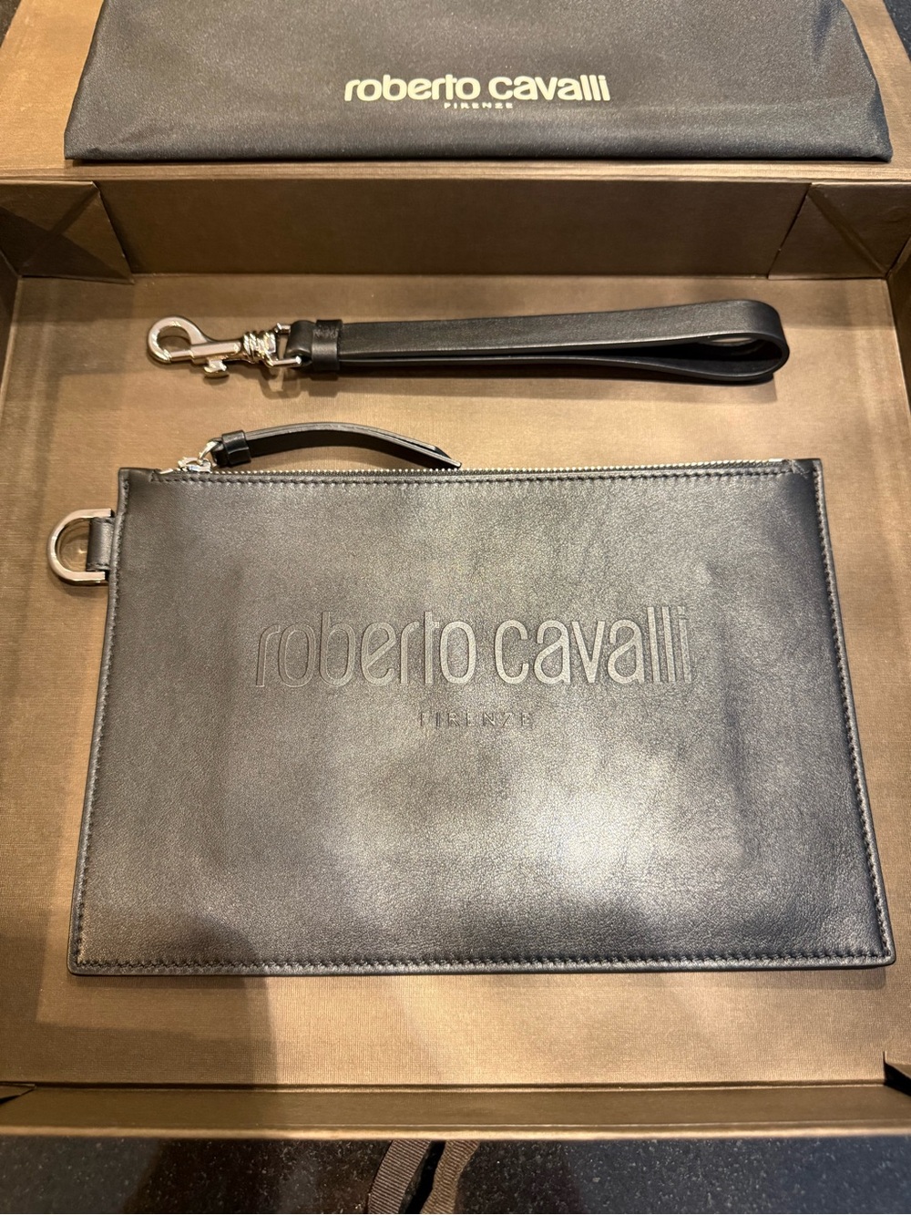 Roberto Cavalli Black Leather Zip Pouch with Detachable Wrist Strap